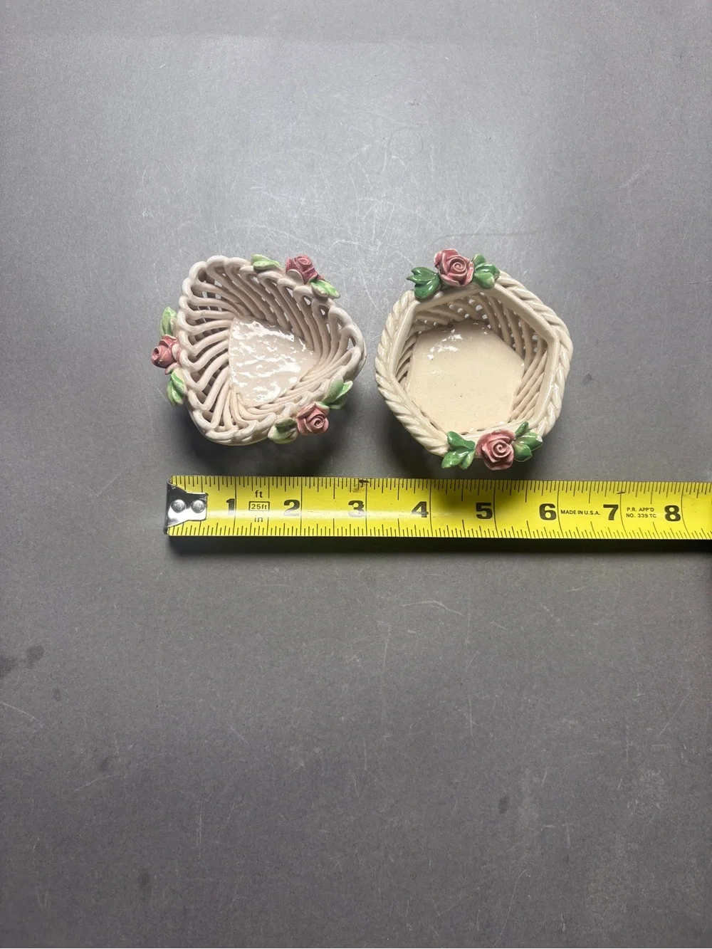 Cottagecore Handmade Italy Ceramic Rose Basket Pair Ring Dish Trinket Dish